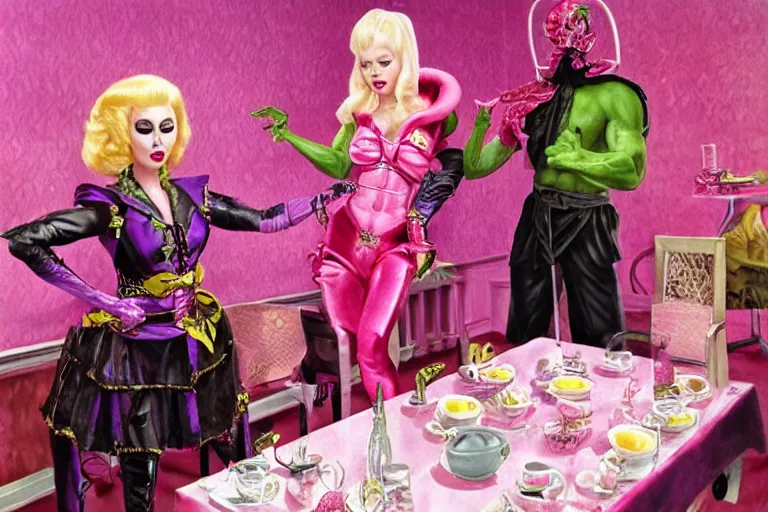 Prompt: Angelyne fights Scorpion from Mortal Kombat in the tea room, painted by mark ryden