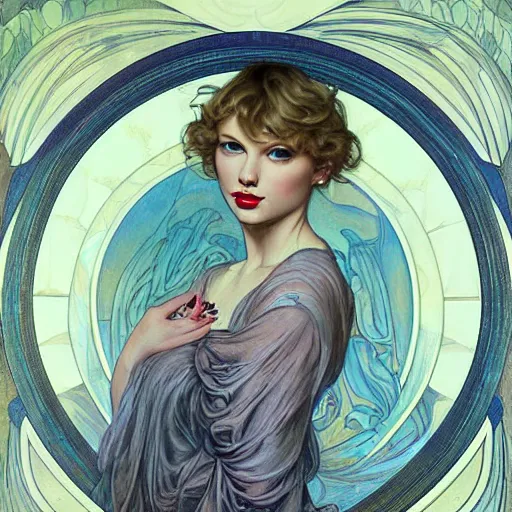 Image similar to romantic painted portrait of taylor swift by james jean, mucha, masterpiece