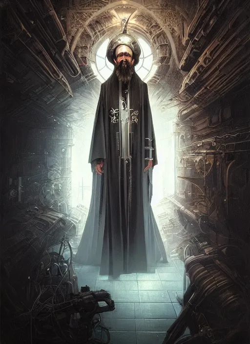 Image similar to portrait of a cyberpunk orthodox priest, grim - lighting, high - contrast, intricate, elegant, highly detailed, centered, digital painting, artstation, concept art, smooth, sharp focus, illustration, artgerm, tomasz alen kopera, peter mohrbacher, donato giancola, joseph christian leyendecker, wlop, boris vallejo