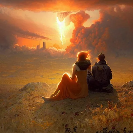 Image similar to a young couple watching a nuclear explosion, romantic, mushroom cloud, uplifting, happy, apocalytic detailed digital matte painting by artgerm, greg rutkowski and alphonse mucha