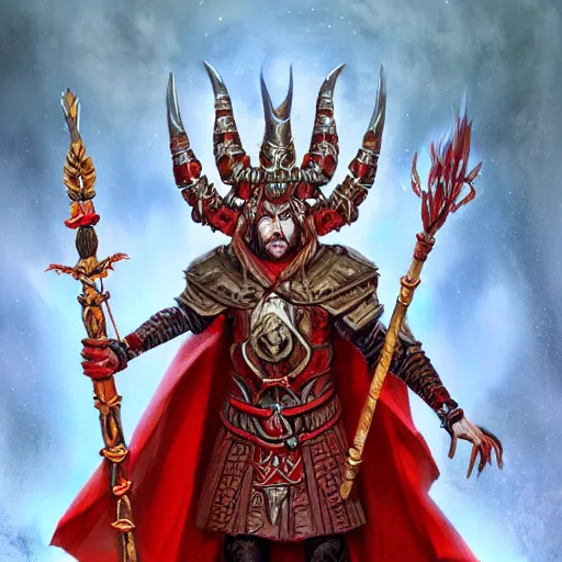 Image similar to full body portrait of a DnD shaman lord, wearing a red crown, red eyes, smiling viciously, holding intricately carved wooden staff, 4k, highly detailed, inspiring digital painting, trending on artstation