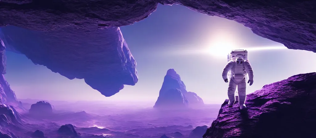 Image similar to one astronaut on purple [ [ [ crystal ] ] ] caves, beautiful dynamic lighting, cinematic, wide angle establishing shot, extremely high detail, photo realistic, cinematic lighting, post processed, concept art, artstation, matte painting, style by frederic church, raphael lacoste, unreal engine 8 k, roger deakins