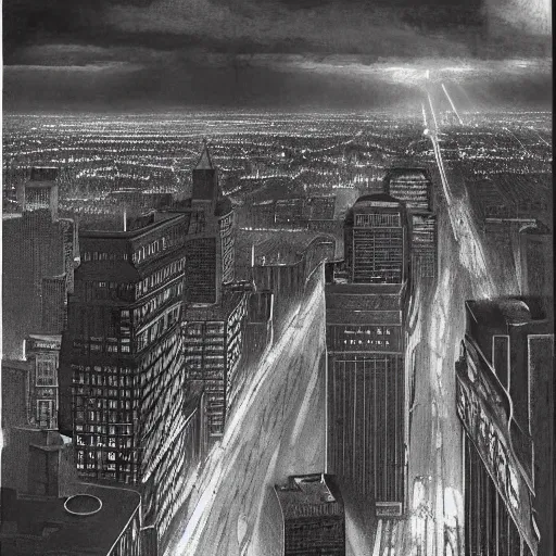 Image similar to photorealistc painting of a nightmarish boston downtown skyline in 1 9 2 5 at night with a horrifying sky, aerial view, dark, brooding, night, atmospheric, horror, cosmic, ultra - realistic, smooth, highly detailed by dave dorman