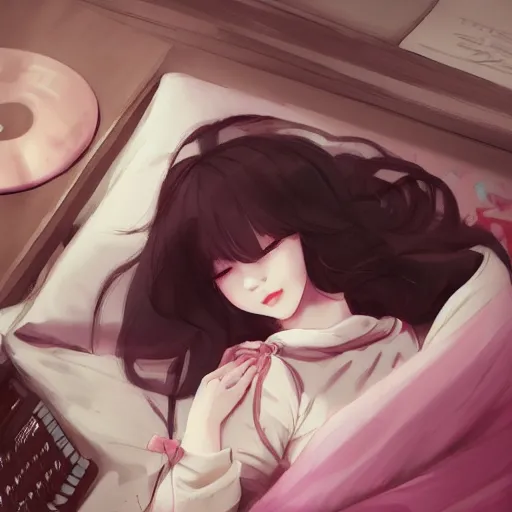 Prompt: lofi hiphop girl lying in bed studying listening to music by Wenqing Yan, WLOP, Zumidraws, OlchaS Logan cure liang Xing