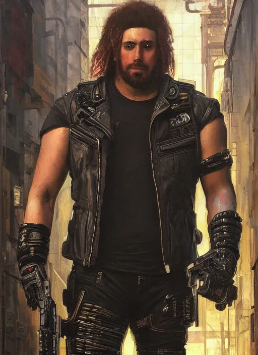 Prompt: big mike. cyberpunk professional wrestler wearing a military vest and combat gear. (Cyberpunk 2077, bladerunner 2049). Round face. Iranian orientalist portrait by john william waterhouse and Edwin Longsden Long and Theodore Ralli and Nasreddine Dinet, oil on canvas. Cinematic, hyper realism, realistic proportions, dramatic lighting, high detail 4k