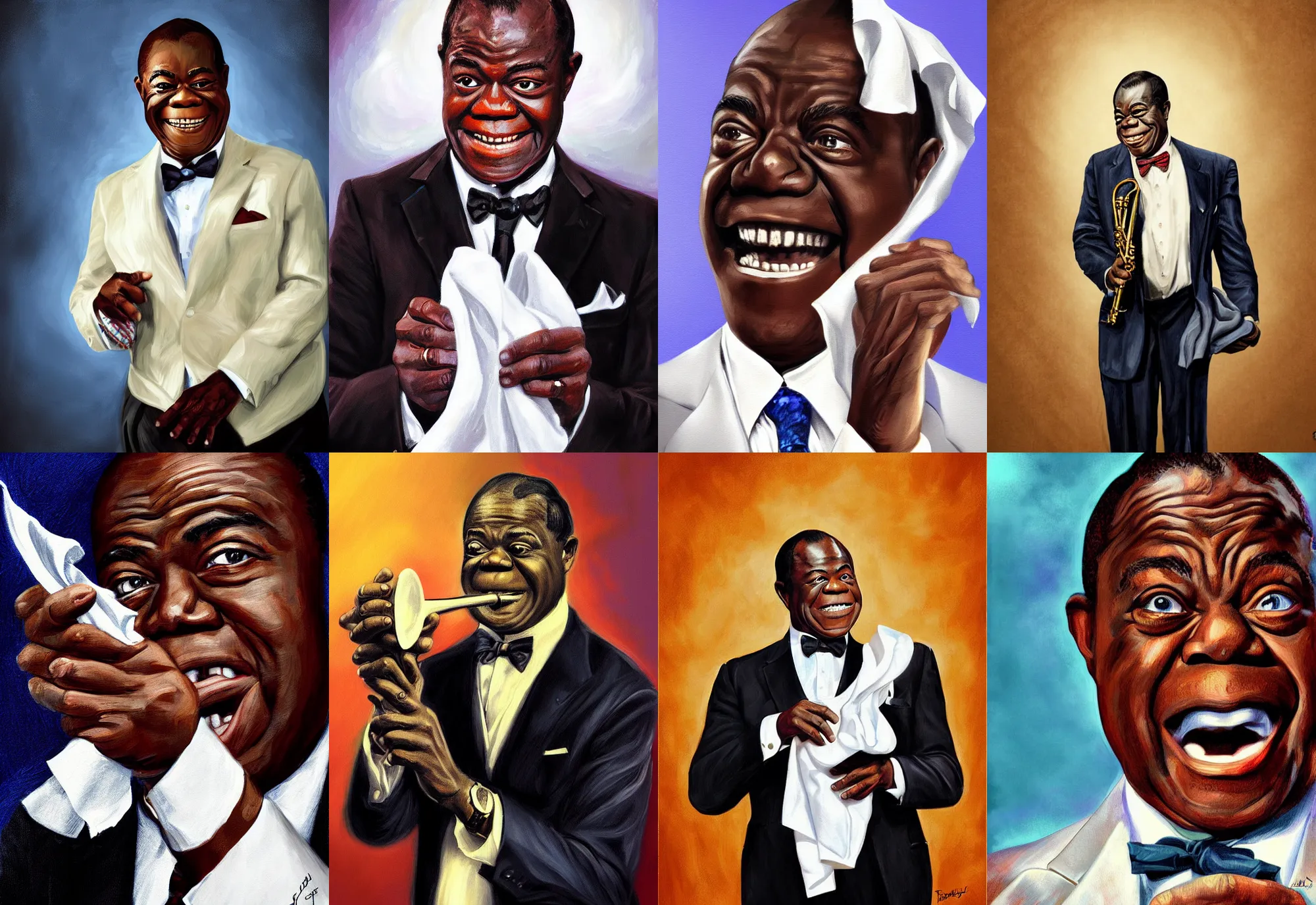 Image similar to a portrait of louis armstrong holding a white handkerchief, by tai - shan schierenberg, dramatic lighting, highly detailed digital painting