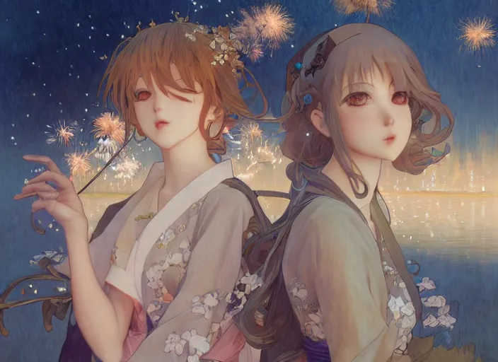 Image similar to two beautiful girls watching fireworks, digital art, painted by range murata, akiyuki shinbou, alphonse mucha, masamune shirow, josan gonzales, greg rutkowski makoto shinkai, highly detailed, realistic, cinematic, trending on pixiv fanbox