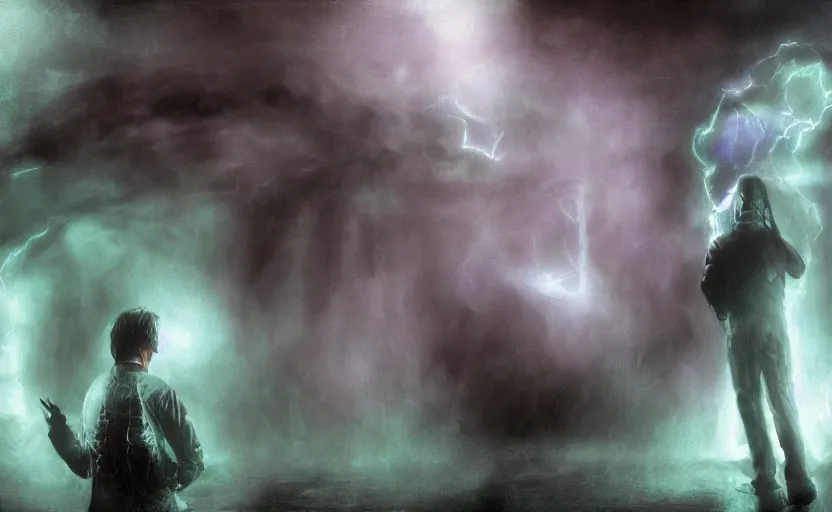 Prompt: Tom Cruise in silent hill, Dark fantasy, clear, thunderstorms, Magic lightning, portals with tentacles coming out from the Portals from above, color black green and purple white blue , mystery, horror, artstation, DeviantArt