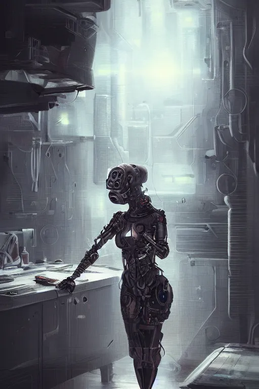 Image similar to sci fi ultrarealistic illustration babuska android cyborg in the kitchen, cyberpunk, sci-fi fantasy, intricate, elegant, highly detailed, digital painting, artstation, concept art