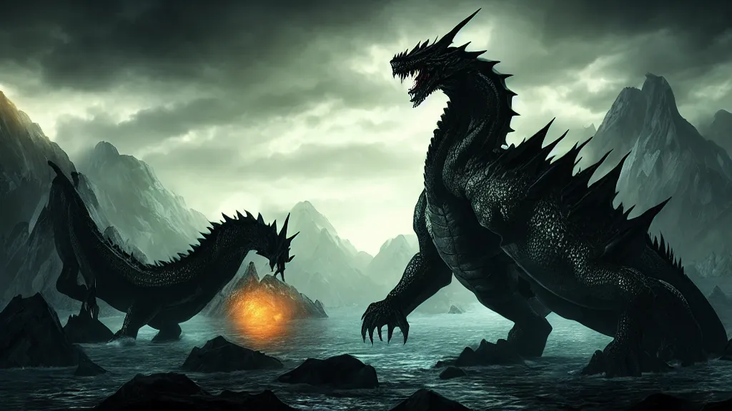 Image similar to Ancalagon the black, the biggest dragon that ever lived, over towering the huge mountains of Thangorodrim, in focus, epic, cinematic lighting, Unreal Engine 5, film key art, Bloom, dramatic lighting, cg artist