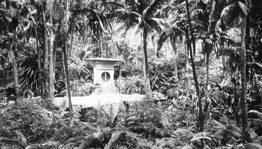 Prompt: lost film footage of a sacred object in the middle of the ( ( ( ( ( ( ( ( ( tropical jungle ) ) ) ) ) ) ) ) ) / film still / cinematic / enhanced / 1 9 2 0 s / black and white / grain