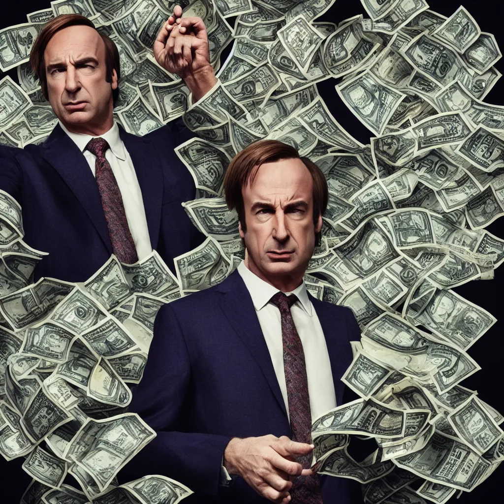 Image similar to saul goodman, better call saul, swimming in money, photo, 4 k