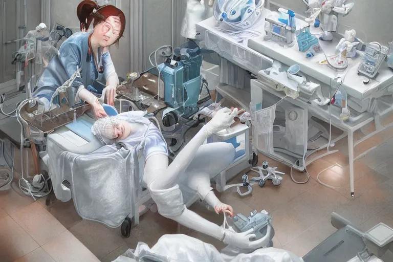 Prompt: hyperrealistic photography of a female scientist constructing a birth machine in the style of Jin Kagetsu, James Jean and wlop, highly detailed, masterpiece, award-winning, sharp focus, intricate concept art, digital painting, ambient lighting, 4k, artstation