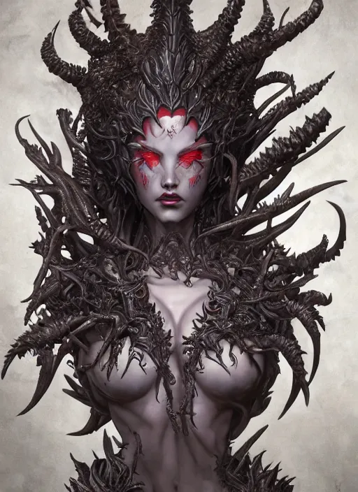 Image similar to a hyper detailed full body figurine of the queen of blades, sideshow figurines, diablo 4 lilith, by yusuke murata, by hiroya oku, by dorian cleavenger, by tom bagshaw, by zdzisław beksinski, trending on artstation