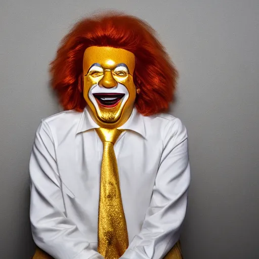 Image similar to extremely detailed studio portrait of ronald mcdonald surrended by gold, soft light, golden glow, award winning photo, 4 k