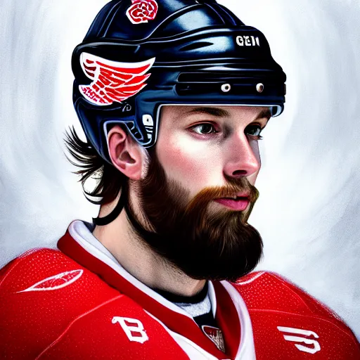 Prompt: Portrait of Red Wings hockey player The Professor, fantasy, intricate, elegant, highly detailed, digital painting, artstation, concept art, smooth, sharp focus, luxury fashion illustration, art by artgerm and greg rutkowski and alphonse mucha, brightly lit cinematic soft lighting, photorealistic