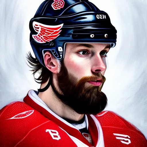 Image similar to Portrait of Red Wings hockey player The Professor, fantasy, intricate, elegant, highly detailed, digital painting, artstation, concept art, smooth, sharp focus, luxury fashion illustration, art by artgerm and greg rutkowski and alphonse mucha, brightly lit cinematic soft lighting, photorealistic