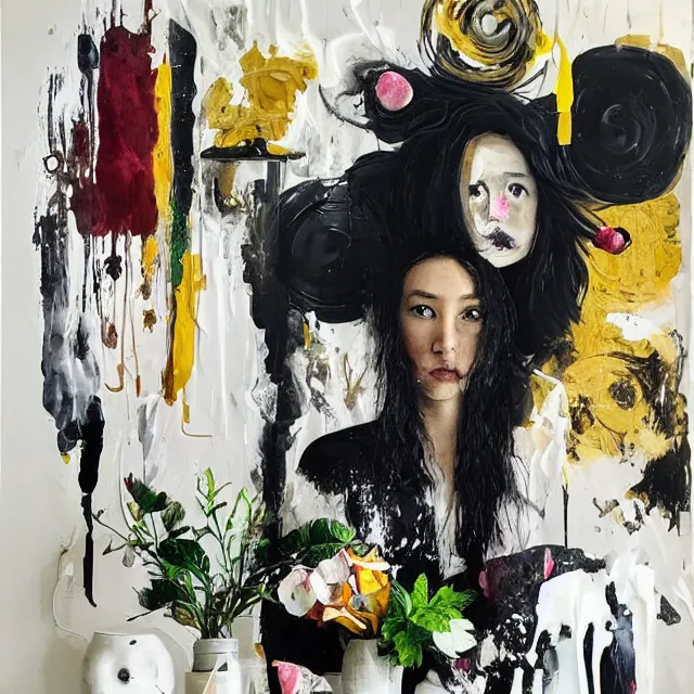 Image similar to “ a portrait in a female art student ’ s apartment, sensual, a golden doodle theme, art supplies, paint tubes, ikebana, herbs, a candle dripping white wax, black walls, squashed berries, berry juice drips, acrylic and spray paint and oilstick on canvas, surrealism, neoexpressionism ”