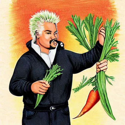 Prompt: guy fieri holding a carrot in the style of vintage botanical illustration hd