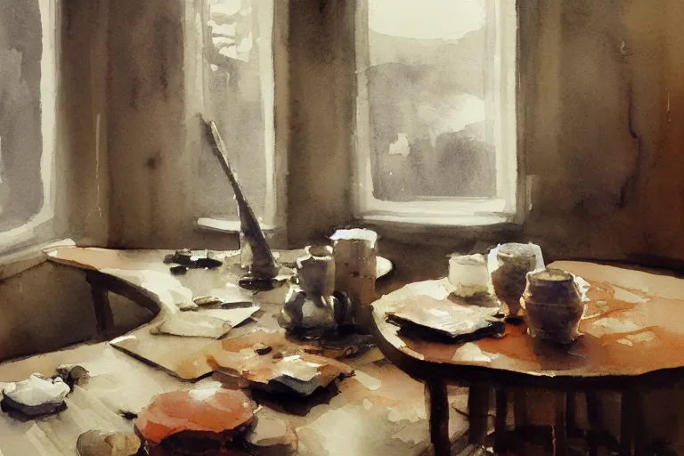 Prompt: small centered on watercolor paper, paint brush strokes, abstract watercolor painting of silver coins on polished oak table, sticks, cinematic light, american romanticism by hans dahl, by jesper ejsing, by anders zorn, by greg rutkowski, by greg manchess, by tyler edlin