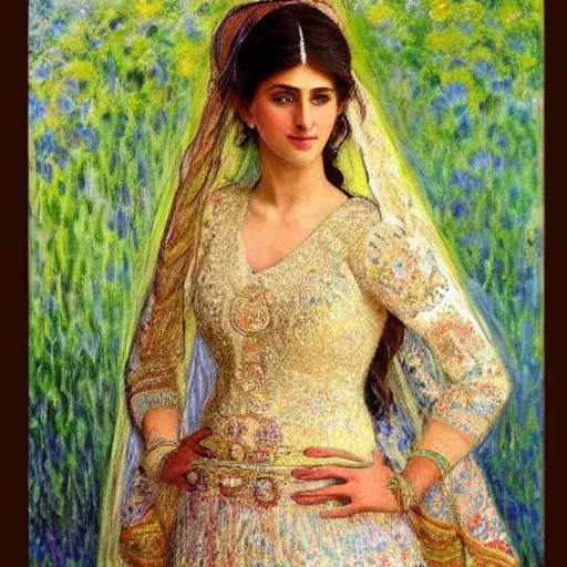 Image similar to full body portrait of a beautiful Kurdish bride wearing a beautiful wedding dress, very detailed eyes, hyperrealistic, beautiful and symmetrical face, very detailed painting by Claude Monet and Alphonse Mucha, trending on artstation, extremely high detail, incredibly intricate