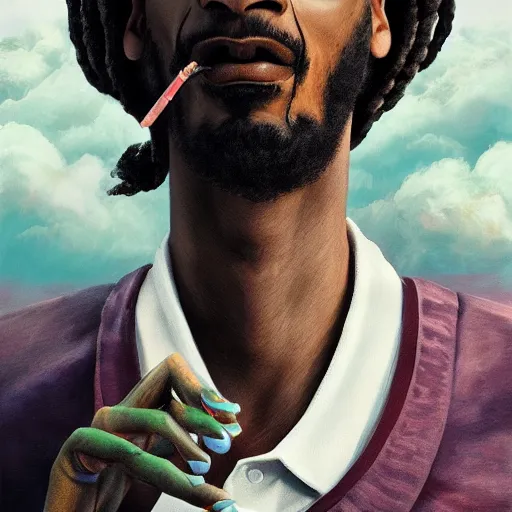 Image similar to a colossal god snoop dog is smoking the clouds, highly detailed, digital painting, artstation, octane render, matte, sharp focus, impressionist painting