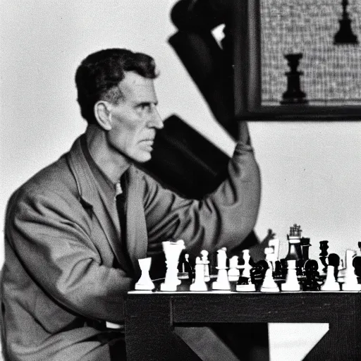 Image similar to ludwig wittgenstein and a humanoid robot, playing chess, dramatic angle