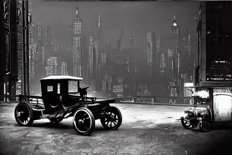 Image similar to cyberpunk 1 9 0 8 model ford t by paul lehr, metropolis, parked by view over city, vintage film photo, robotic, black and white photo