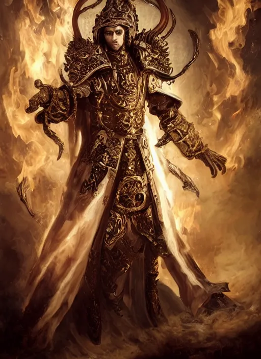 Image similar to high intricate male priest with white baroque armor and black garment fighting a fire demon, maria panfilova, andrea savchenko, mike kime, ludovic plouffe, qi sheng luo, oliver cook, trending on artstation