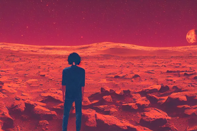 Prompt: a sad human standing on mars in the style of flooko, acrylic art, detailed, moonlight, red lighting, bokeh, synthwave, psychedelic, glitch, neon,