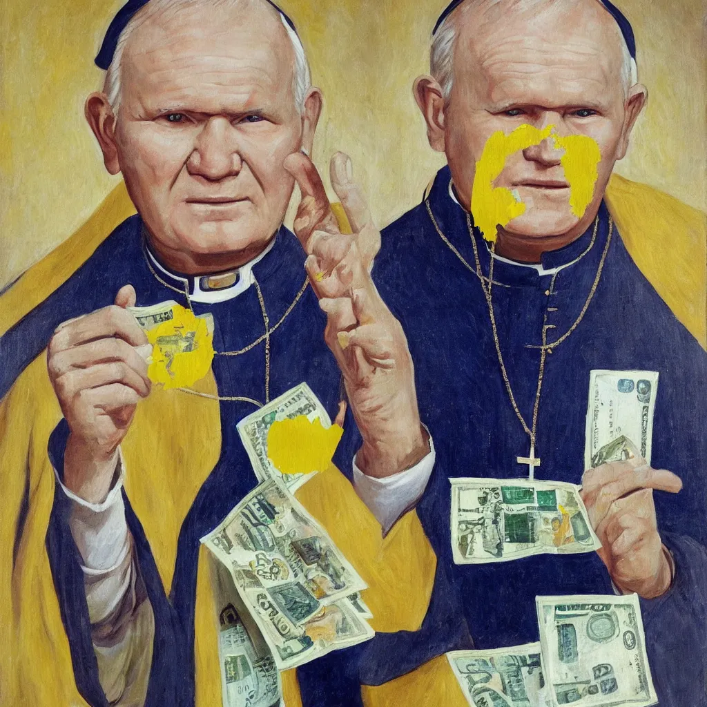 Prompt: Painting of John Paul II with a yellow face holding a 100 dollar bill in his hand