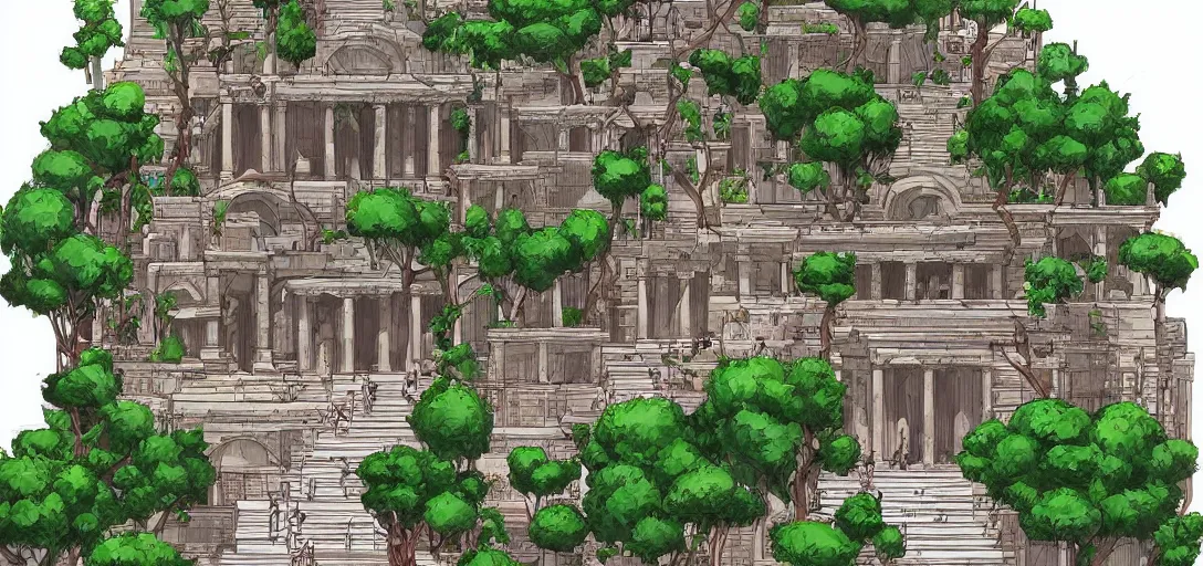 Prompt: Greek temple with hanging gardens in the graphic style of Patrick Gleason and Matt James, detailed art, trending on Artstation, sharp focus, Beautiful comic art