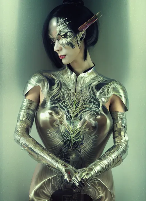 Image similar to portrait of a sensual futuristic geisha cyborg, latex, modern fine art, fractal, glowing calligraphy, intricate ornaments, elegant, highly detailed, digital photography, subsurface scattering, by jheronimus bosch and greg rutkowski,