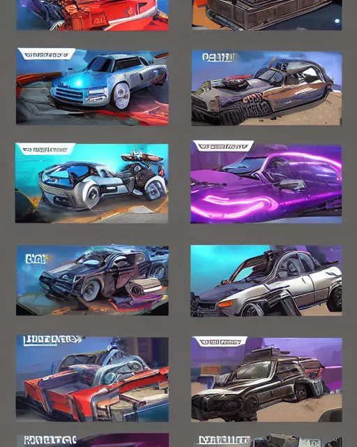 Image similar to car engine car parts concept art, cards, comic page, realistic fortnite, ui cards