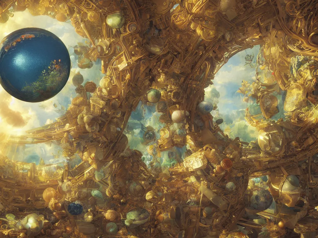 Image similar to 3 d render, sunlight study, the universe is a spheroid region 7 0 5 meters in diameter, art nouveau, by jan davidz de heem and ( ( ( ( ( lisa frank ) ) ) ) ), 8 k, sharp focus, octane render