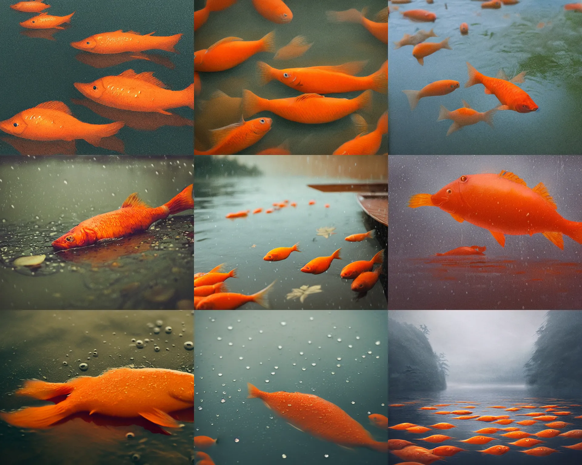 Prompt: wooden staff floating over a lake filled with orange fish, rain, close up, details, sharp focus, elegant, highly detailed, illustration, by Jordan Grimmer and greg rutkowski and PiNe(パイネ) and 薯子Imoko and 香川悠作 and wlop and maya takamura, intricate, beautiful, Trending artstation, pixiv, digital Art