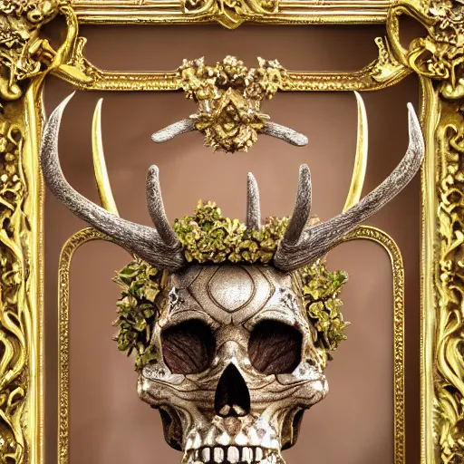 Prompt: a portrait of a beautiful ornate and intricate rococo skull with antlers and silver and gold details and diamonds inside a rococo frame, 4k, octane render, vray, unreal engine, photorealistic