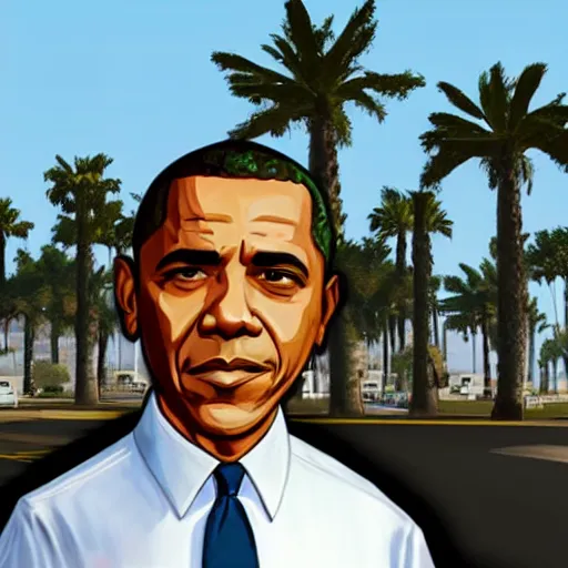 Prompt: Barak Obama in GTA V. Los Santos in the background, palm trees. In the art style of Stephen Bliss