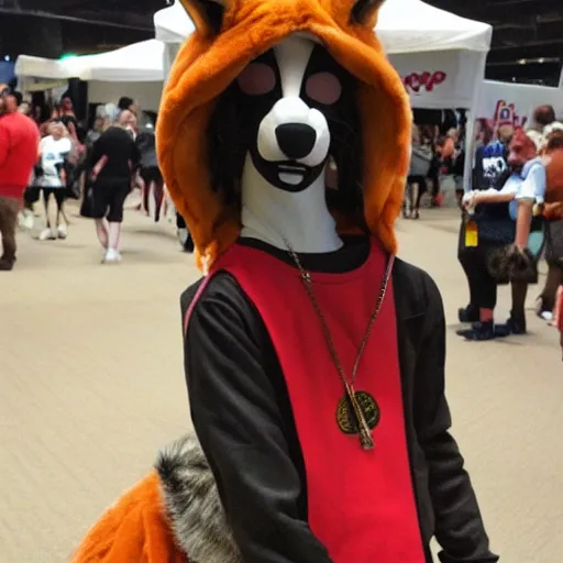 Prompt: snoop dog wearing a fox fursuit at a furry convention, indoor convention vendors