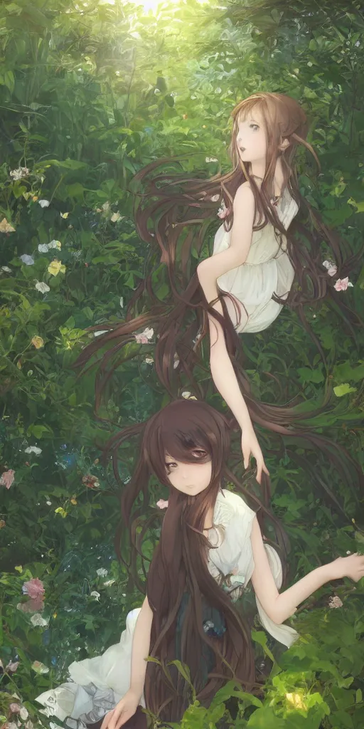 Image similar to a digital art of a loli with long hair in a dark colour dress in the privet garden at after noon, green and warm theme, back lighting, by krenz cushart and mucha and akihito yoshida and greg rutkowski and makoto shinkai, extremely long shot, detailed eyes, 4 k resolution, trending on art station