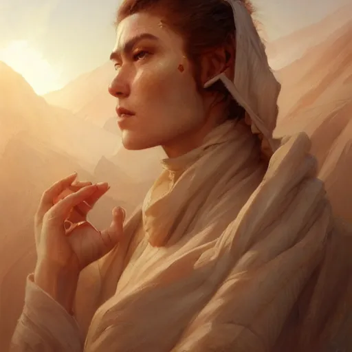 Image similar to a beautiful portrait painting of life on arrakis, masterpiece by famous artist nasreddine dinet and eugene de blaas and greg rutkowski and artgerm and wlop, path tracing, artstation