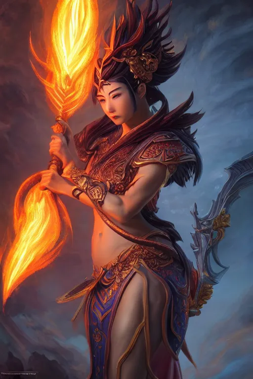 Image similar to a masterpiece portrait of nezha, legendary god holding spear, flame everywhere, epic pose, fantasy character portrait, closeup shot, hyper detailed, digital painting, 8 k realistic, trending on artstation, sharp focus, dof, by fenghua zhong, artgerm, ne zha from smite, jeff easley, raymond swanland