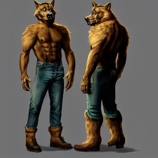 Image similar to a humanoid german shepherd beast - man, puts on jeans, artstation, concept art, smooth, sharp foccus ilustration, artstation