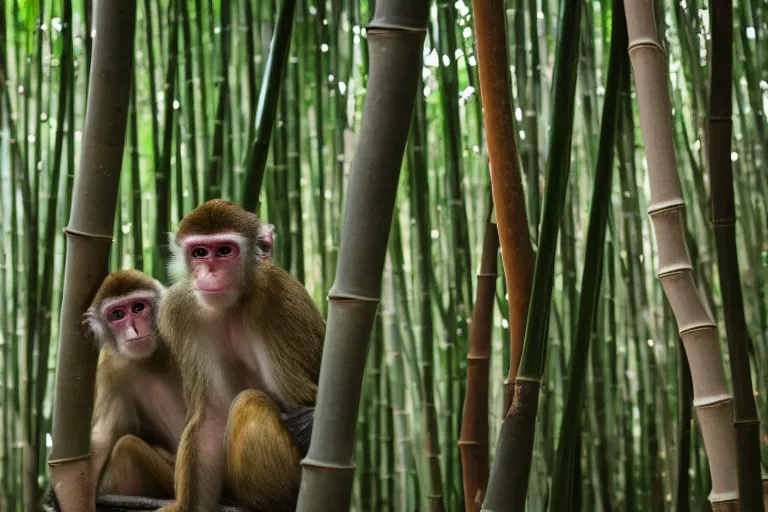 Prompt: cinematography closeup portrait of monkeys dancing in a bamboo forest, natural light by Emmanuel Lubezki