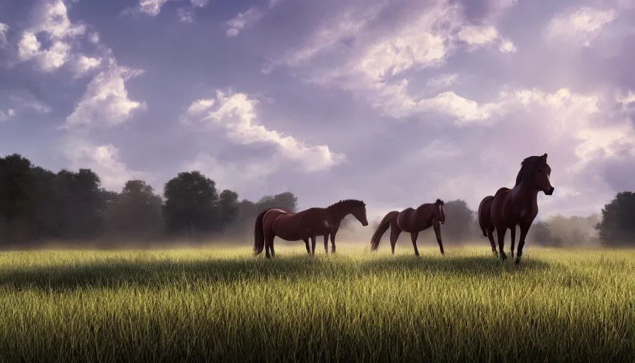 Prompt: horses in grass field during sunny day, woods, shadow, volumetric light, farm, village, clouds, hyperdetailed, artstation, cgsociety, 8 k