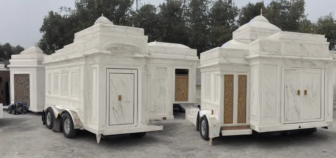 Image similar to islamic and indian - inspired ivory - white marble tiny mausoleum on trailer