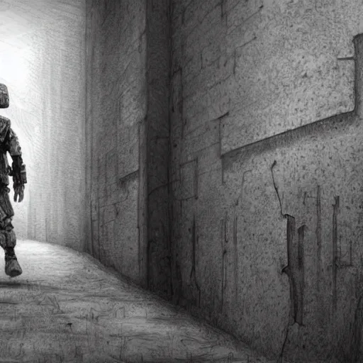 Prompt: pencil art, close up shot, realistic, cinematic, hyper detailed, smooth, soldier hiding behind wall, aliens walking in the background.