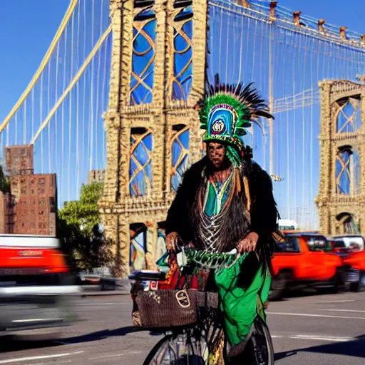 Image similar to an indigenous shaman dressed with a quetzalcoatl feathered serpent riding a bike in manhattan bridge