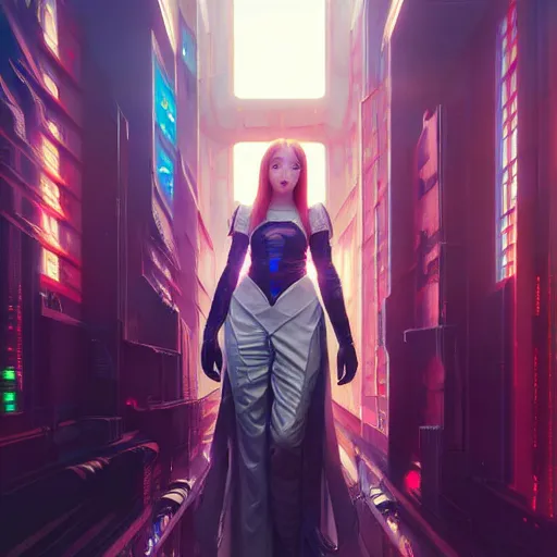 Image similar to painting of cyberpunk chuu loona kpop smiling cheerfully, ultra realistic, concept art, intricate details, eerie, highly detailed, photorealistic, octane render, 8 k, unreal engine. art by artgerm and greg rutkowski and magali villeneuve and alphonse mucha