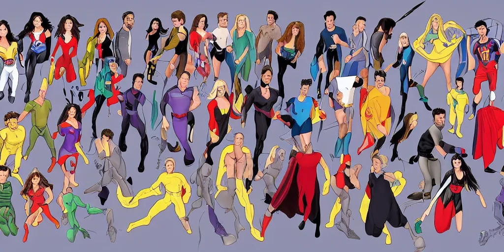 Prompt: photorealistic art of the cast of friends as super heroes, dynamic lighting, space atmosphere, hyperrealism, stunning visuals